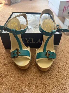 N.Y.L.A. Teal and Cream T-Strap Platform Wedges
